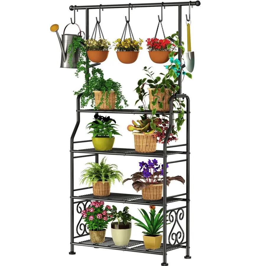 

Plant Stand Indoor Outdoor, 4Tier Heavy Duty Metal Shelves, Display up to 17 Multiple Plants, Tall Plant Holder with Plant Hang