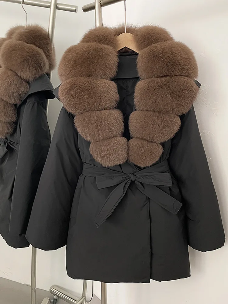 ZMEENNA 女性の新モデルキツネの毛皮の襟とベルト付きウエスト冬のジャケット生き抜くファッショナブルな暖かいコート ZM3833