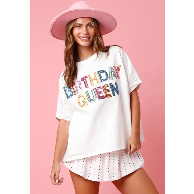 Short Sleeves Sequin Printing T-shirts for Women Loose O Neck Patchwork Pullovers Fashion Birthday Queen Top T-shirt for Women