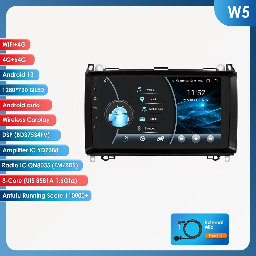 9 "4G 8Core Android 13 Autoradio Voor Mercedes Benz W169 W245 W639 Vito Viano W906 Multimedia Speler Stereo Carplay Bt Swc Wifi