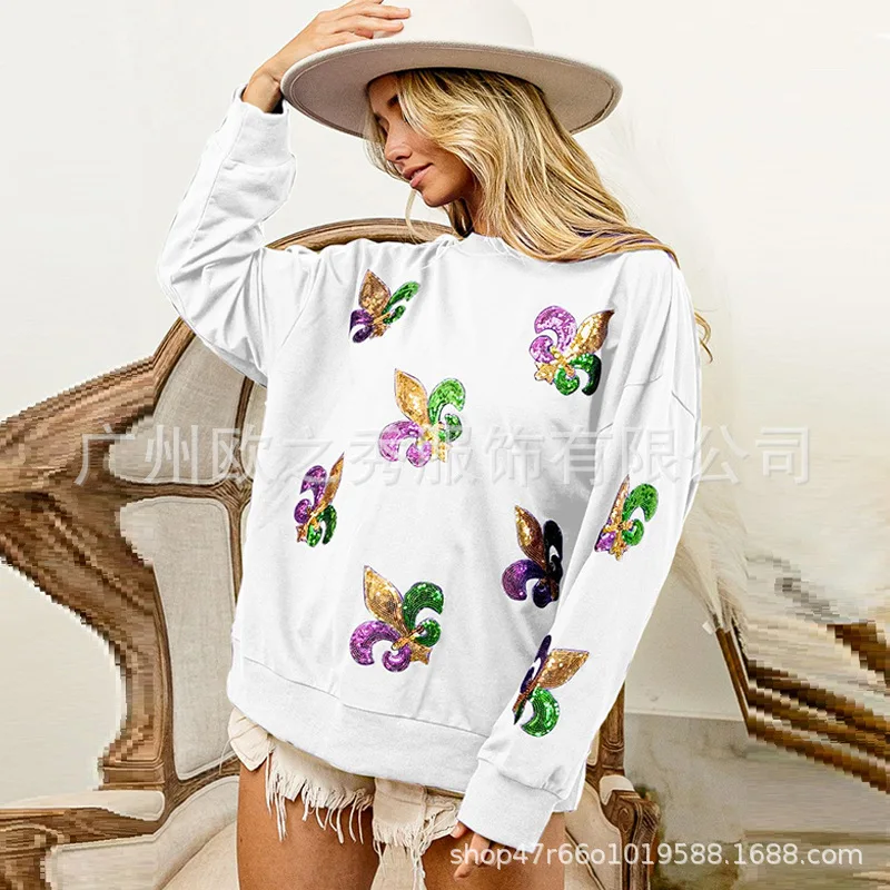Women's Autumn Spring Top Sweatshirt Knitted Sequins Embroidery Retro Simple Loose Casual Fashion Soft Niche Versatile Skinny
