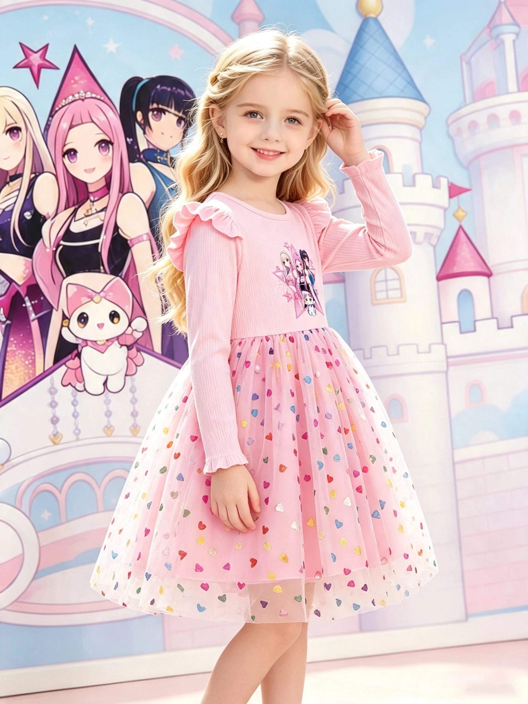 Mädchen Cartoon-Print Langarm Tüll Prinzessinnenkleid, Rosa Flügelärmel Bunter Herz-Puffrock Kinder Frühling Herbst Kleid – Detail 5