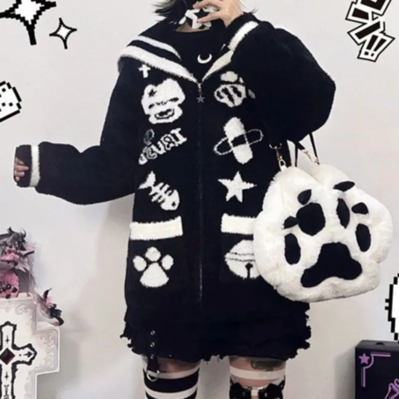 Japanese Cute Furry Sailor Collar Knitted Cardigan Harajuku Street Punk Cartoon Print Oversized Cardigans Y2K Midi Sweater 2024