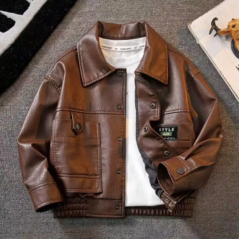 New Leather Jacket Middle and Large Boys' Work Jacket Boys' Windproof Top Children's Spring and Autumn Jacket 2026