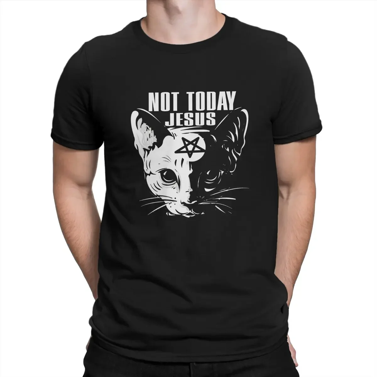 

Harajuku Creative TShirt for Men Not Today Jesus Satanic Cat Round Neck Polyester T Shirt Distinctive Gift Clothes Tops