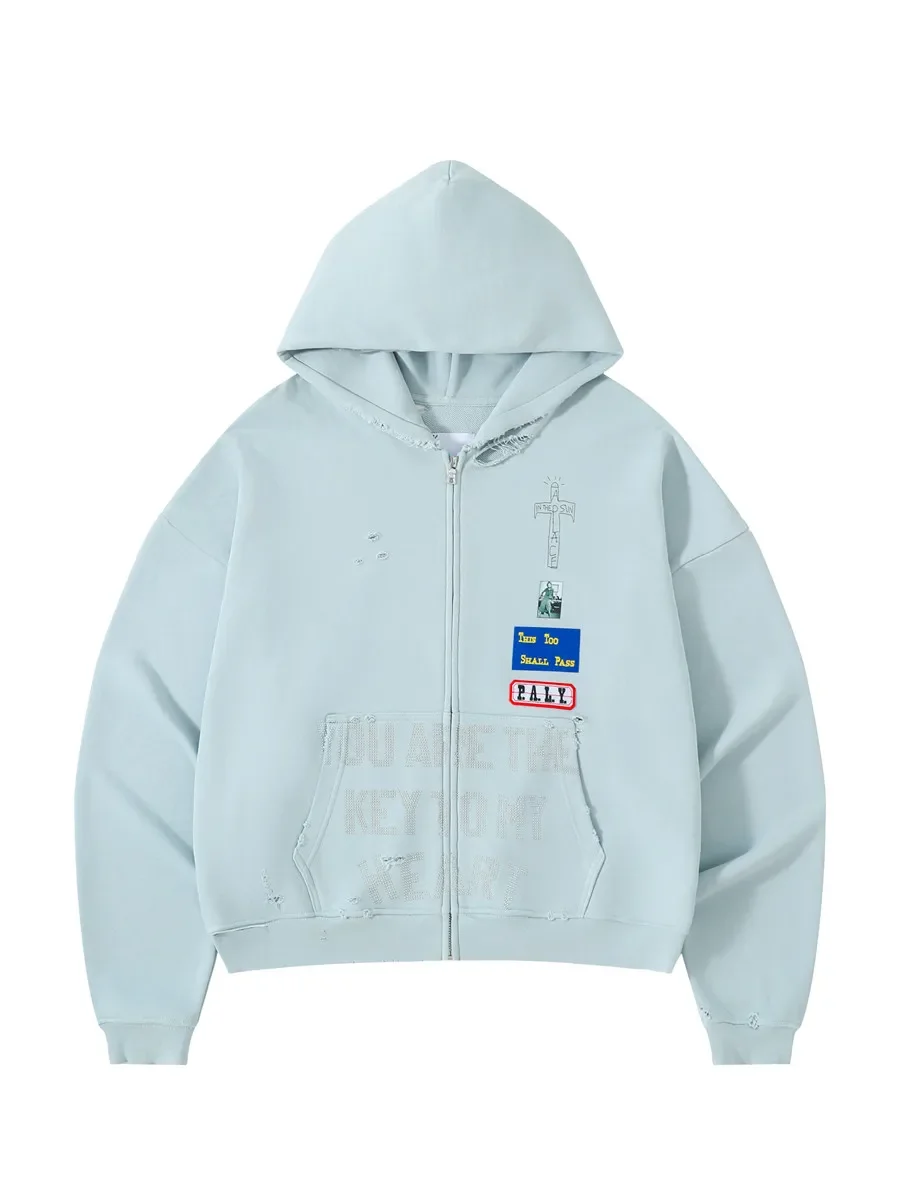 Paly Hollywood Washed Blue Cross Destroyed Zip Sweater Hoodie