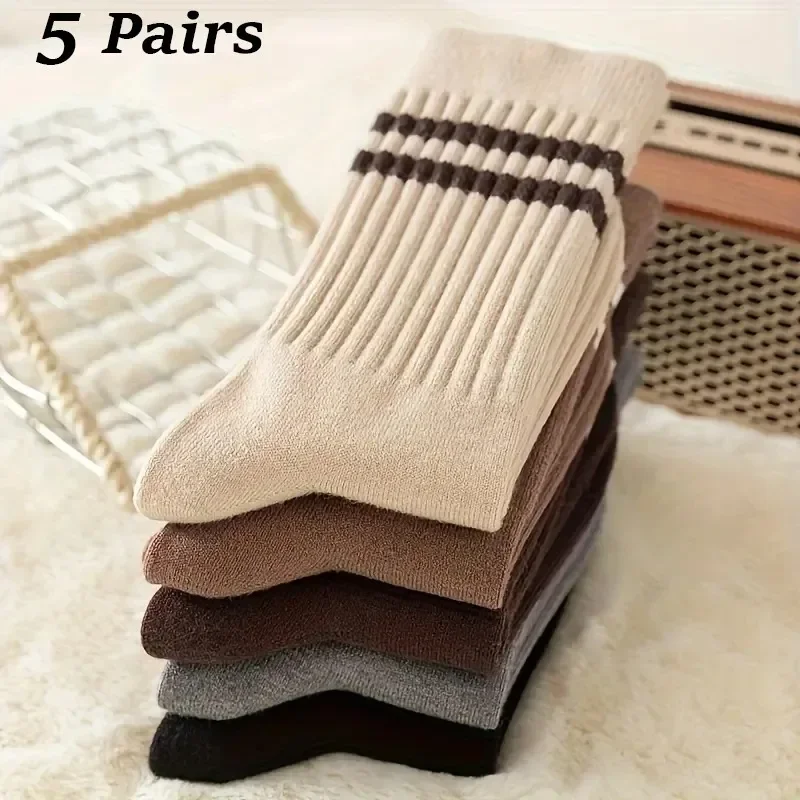 5 Pairs Pack Trendy Striped Crew Socks, Women's JK Fashion Socks for Sports Daily Wear, Vintage Cute Fall Winter Collection
