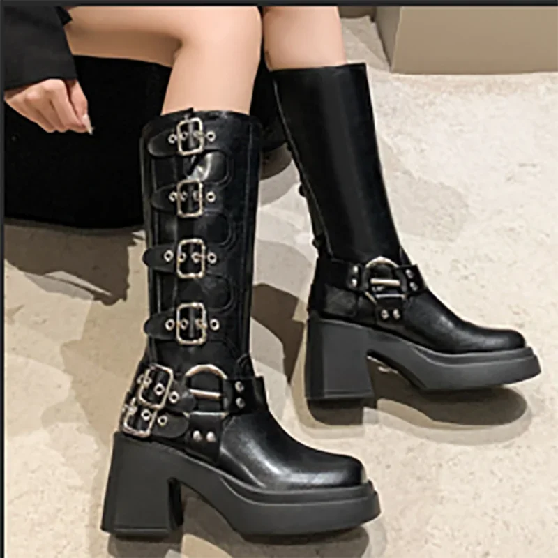 Chelsea Scarpe da donna Tacchi alti Stivali lunghi Piattaforma 2024 Stivali occidentali di nuova moda Inverno PU Pelle Party Casual Femme Botas