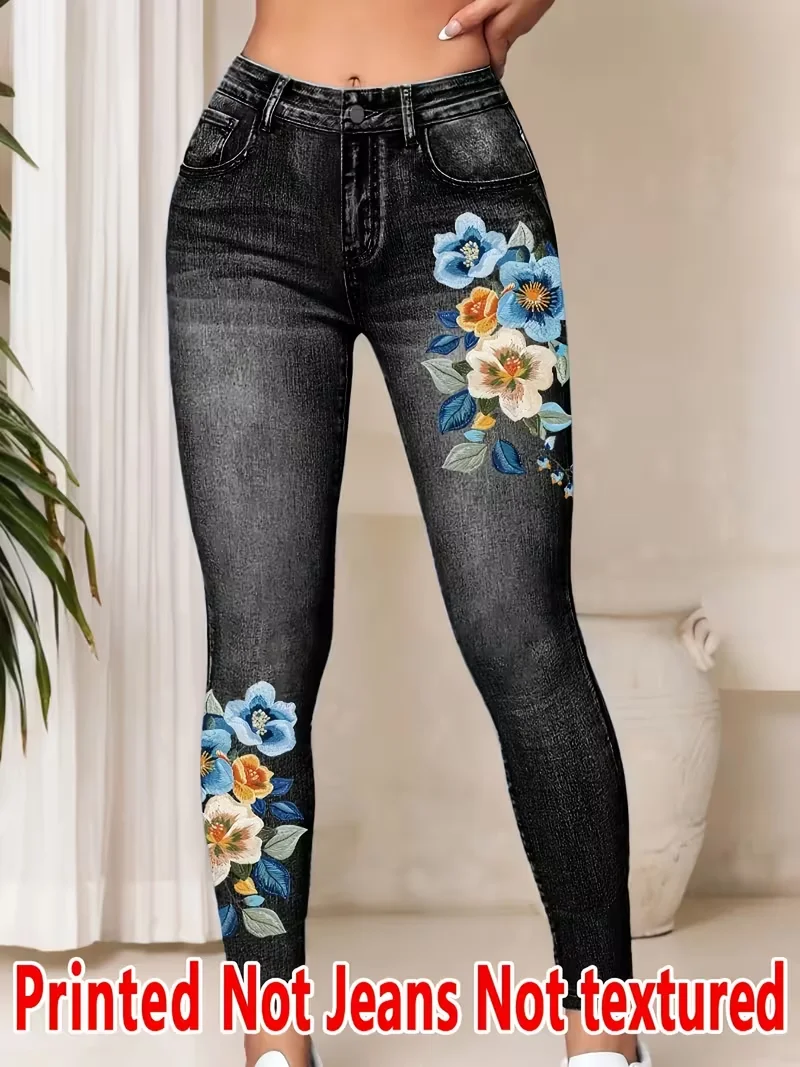 Women Printed Leggings Not Denim Fabric, Fake Pocket & Button Print Design Pants, High Elastic Fashion Slim Fit Skinny Casual