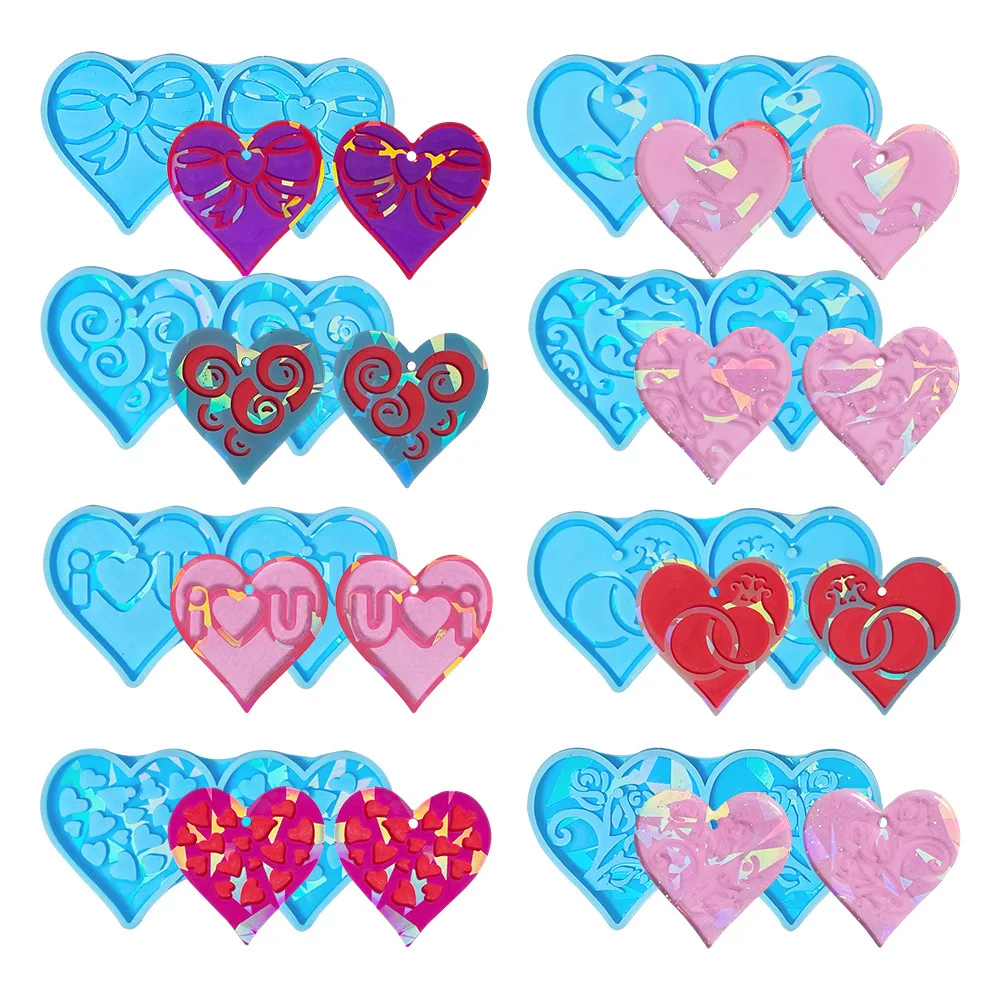 Holographic Epoxy Resin Love Heart Earrings Silicone Mold Jewelry Pendants Making Multiple Patterns Necklace Pendants Mold Craft