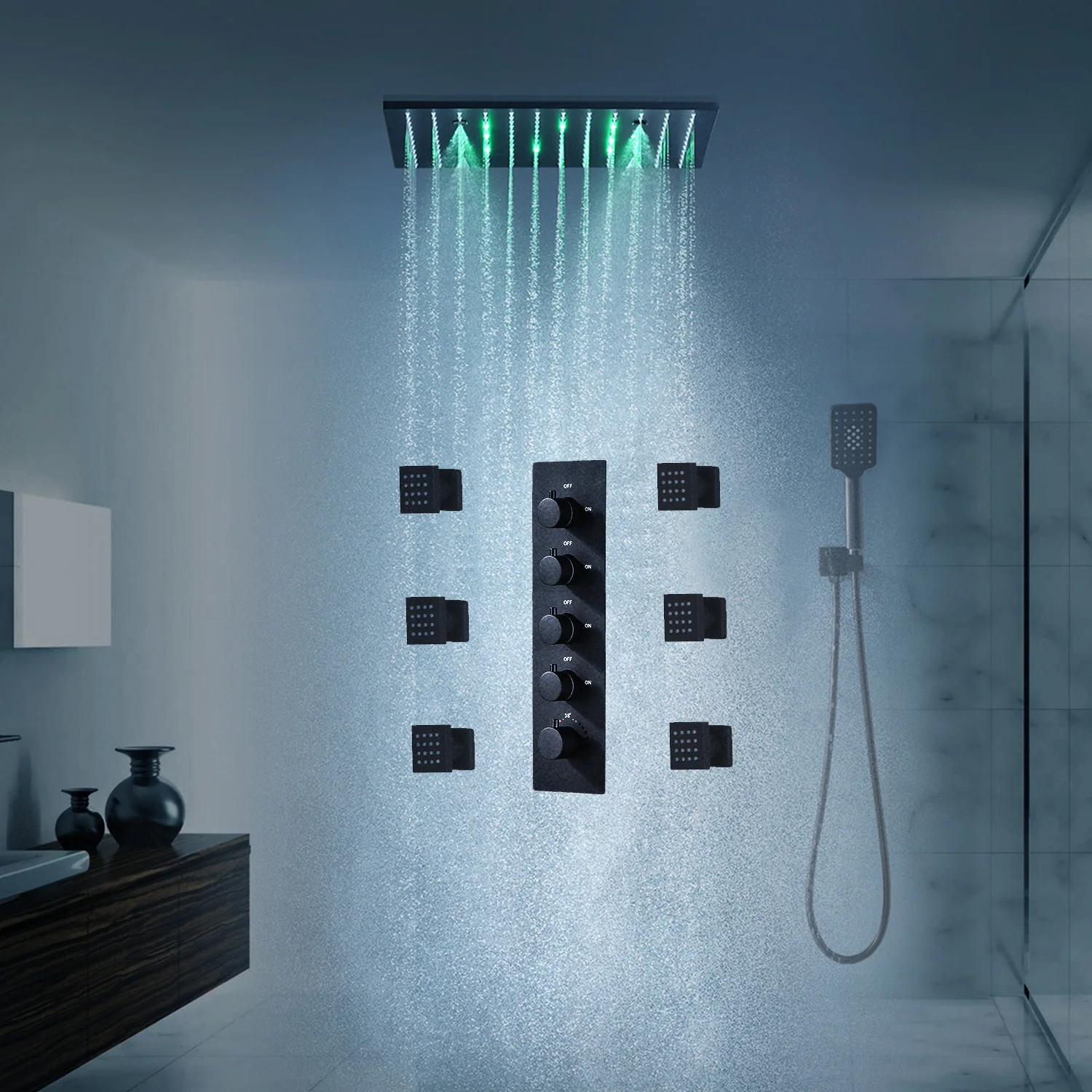 hm High Quliaty Bathroom LED Shower Set 20Inch Mist Spray Rainfall Shower Head Thermostatic Mixer Shower Faucet System Body Jets