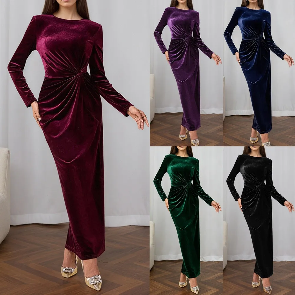 Long Sleeve Round Neck Gown with Twist Detail Mid Rise Waist Bodycon Silhouette Slim Fit Elegant Style Dress Summer for Women