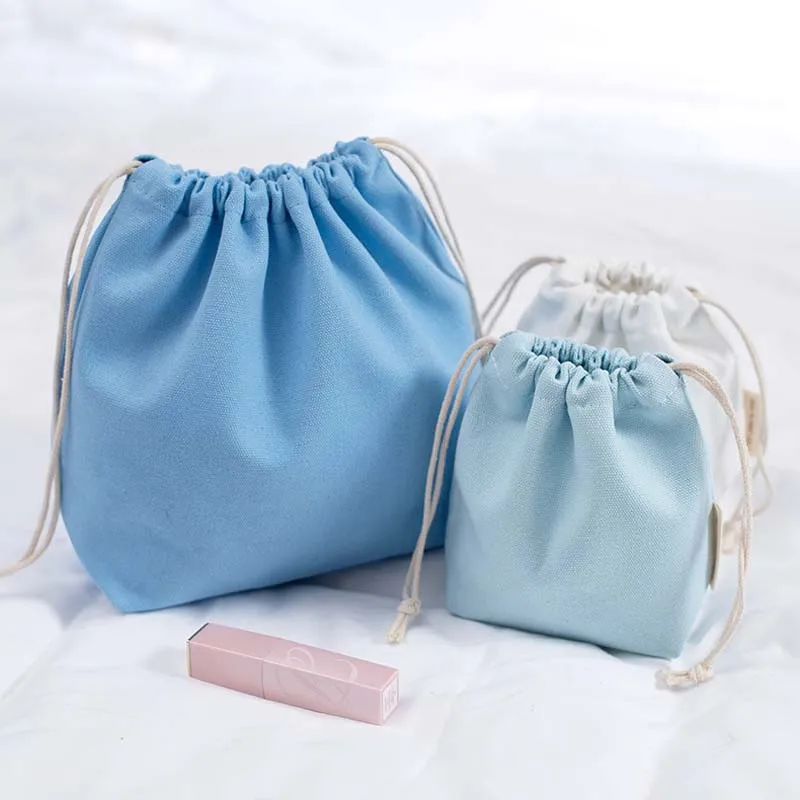 

27*20cm Solid Drawstring Bag Pockets Eco Reusable Canvas Shopping Bags Women Travel Storage Bag Cotton Tote Pouch Jewelry Bag