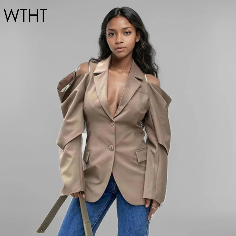 WTHT Trendy Women's Off-shoulder Irregular Hollow Out Chain Design Loose Blazer 2024  Autumn Single Breasted Coat Female 1LS157