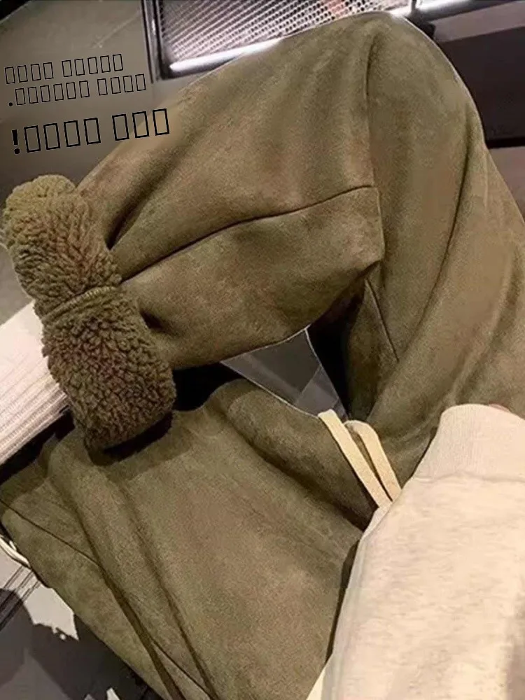 

Мужские зимние брюки из замши с мехом ягненка, на флисовой подкладке, с манжетами, прямого кроя, повседневные, с интегрированным мехом, из кожи, с защитой от морщин