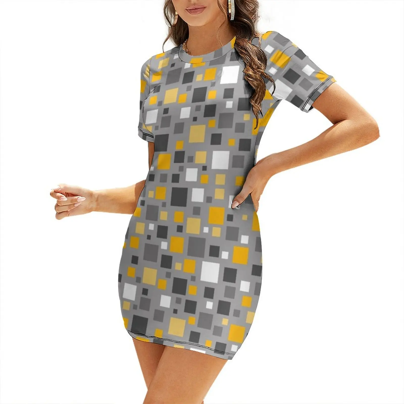 

Mustard Yellow and Grey Squares Pixel Polka Dot Short-Sleeved Dress Women's summer dress Dress