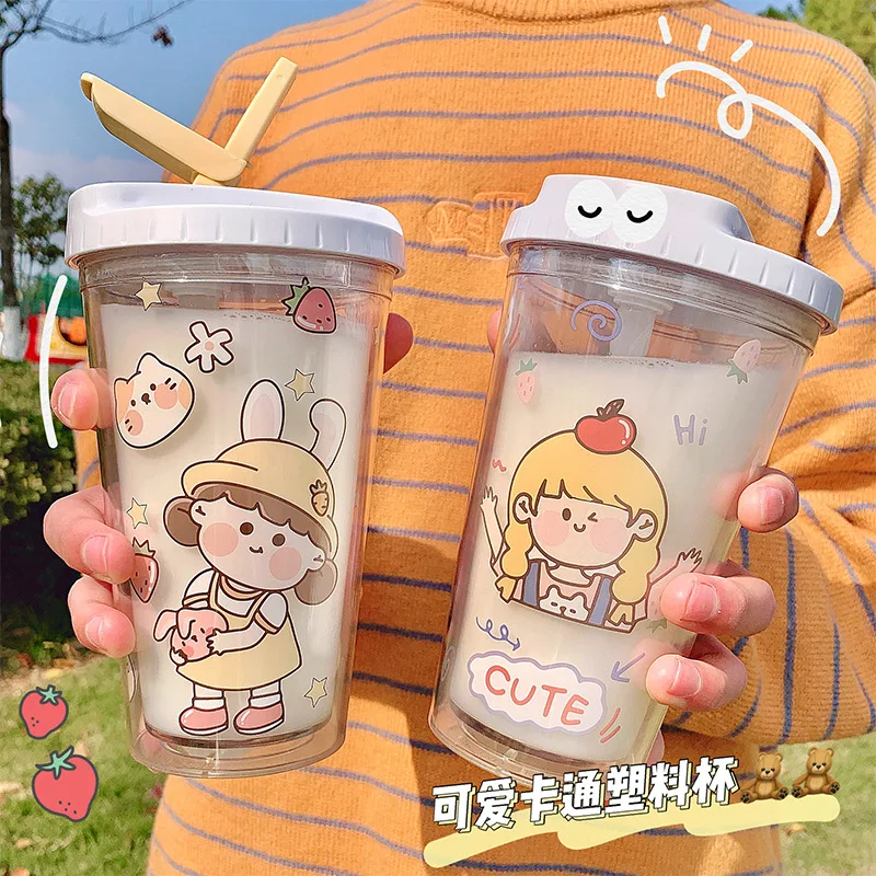 

Cute Water Bottle Cups Flip Cartoon Little Girl Plastic Cup Girl Heart Lovely Small Straw Coffee Cup Large Capacity Cup