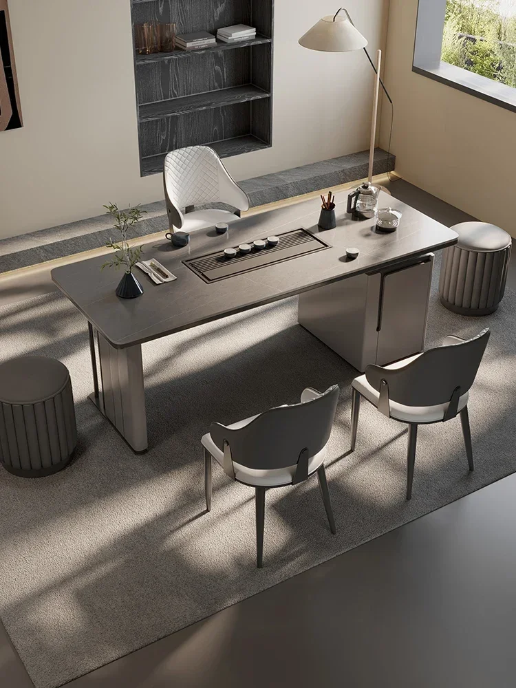 Rock slab tea table and chair combination, one table and five chairs, new living room, modern light luxury office, tea table