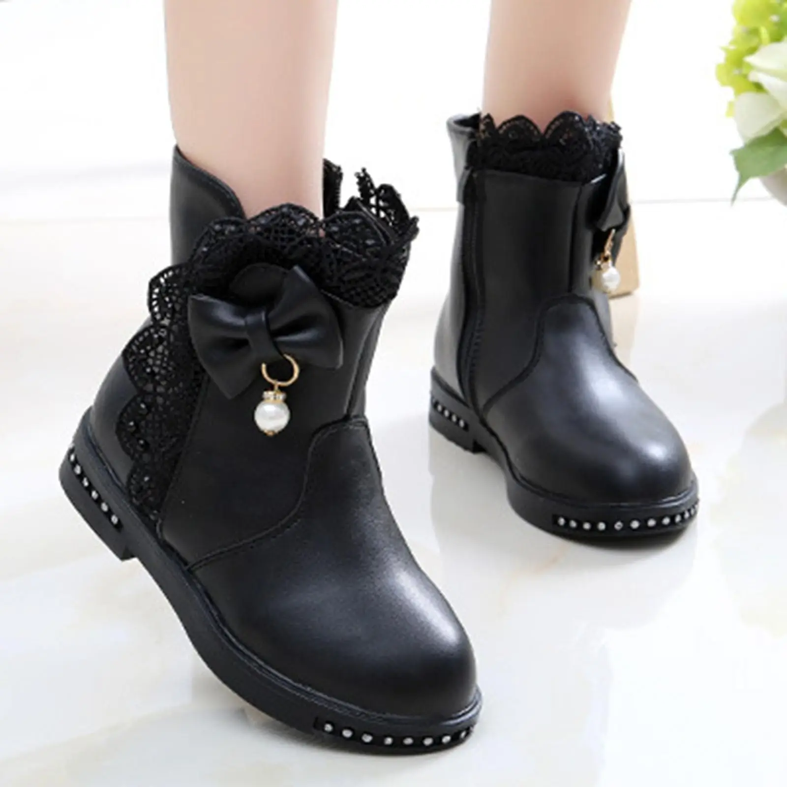 

New Kid Winter British Style Snow Boots Children Girls' Thickened Fleece-lined Mid-calf boots Kids Zipper Side Single Boot
