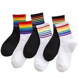 3 Pairs Rainbow Striped Cotton Socks Trendy Wild Womens Leisure Breathable Comfort Sweat Harajuku Funny Calcetines Art Sock Sox
