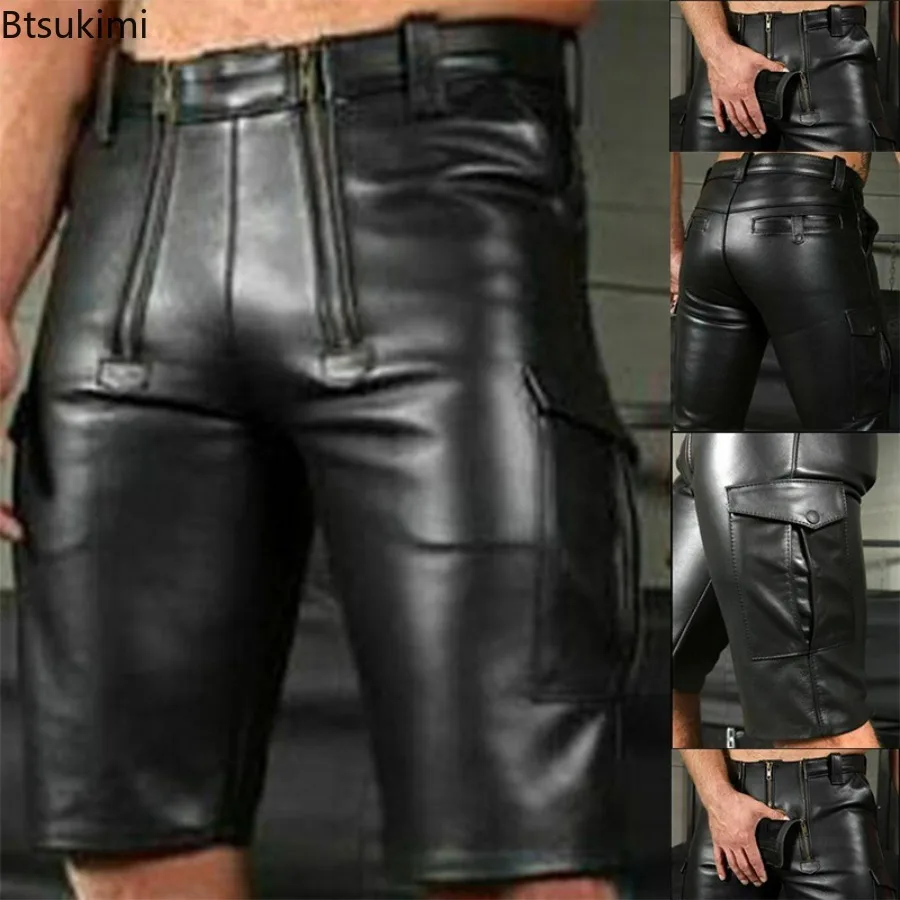 

Men's Solid Color PU Leather Pants Black Casual and Loose Shorts Summer New Style Fashion Trend Club Punk Style Shorts for Men