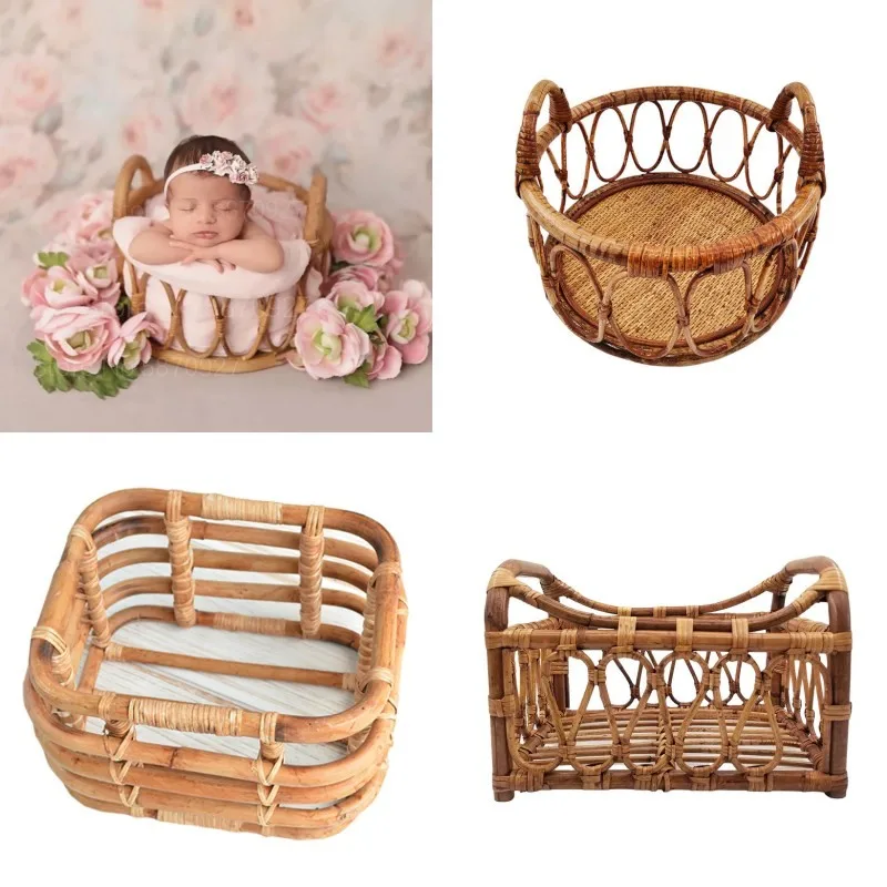 

Newborn Photography Props Retro Rattan Basket Chair Infant Photo Recien Baby Girl Boy Posing Bed Background Photography Accessor