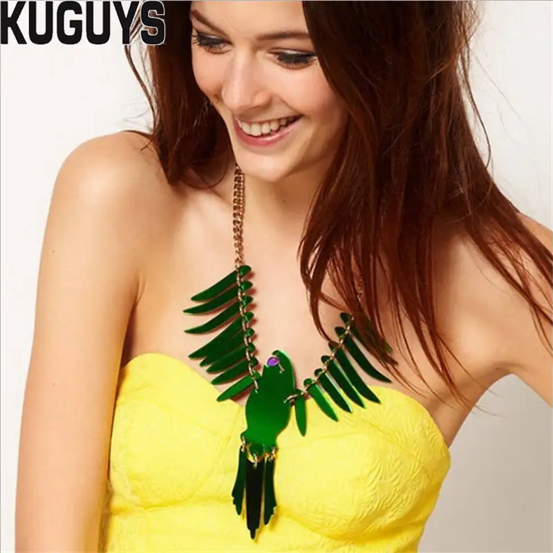 KUGUYS Big Eagle Bird Pendant Necklace for Women Green Golden Mirror Acrylic Trendy Animal Sweater Chain Fashion Jewelry