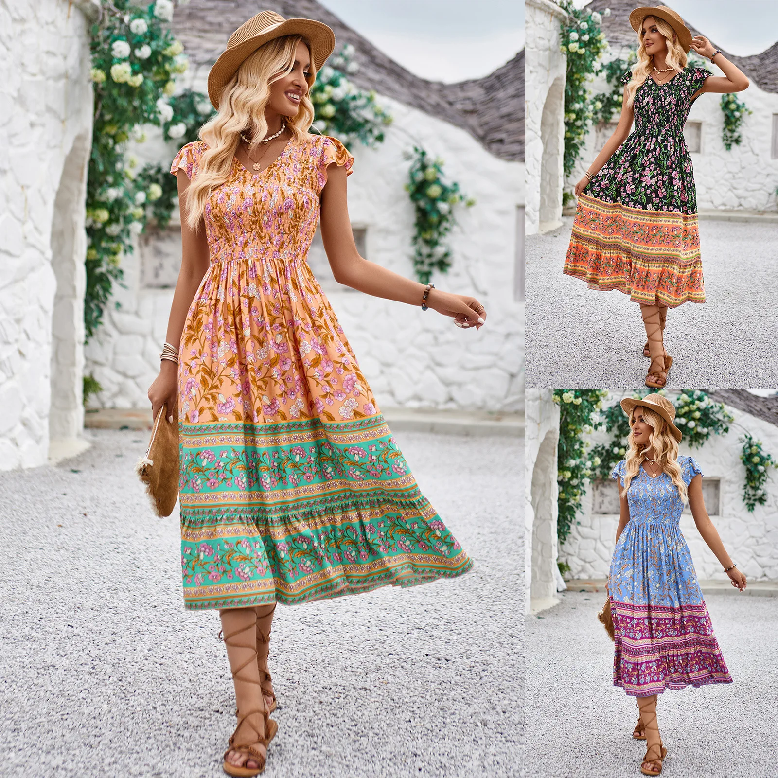 

2024 Casual Dress Summer Printed V-neck Flying Sleeves Bohemian Style Dress