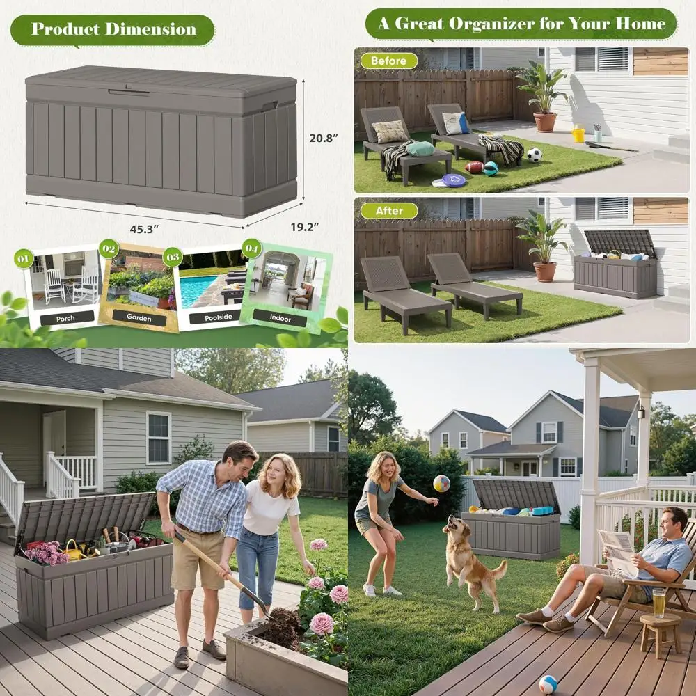 

Водонепроницаемый ящик для хранения из полимерной смолы объемом 80 галлонов с текстурой под дерево для уличного хранения и подушек для патио (светло-коричневый)