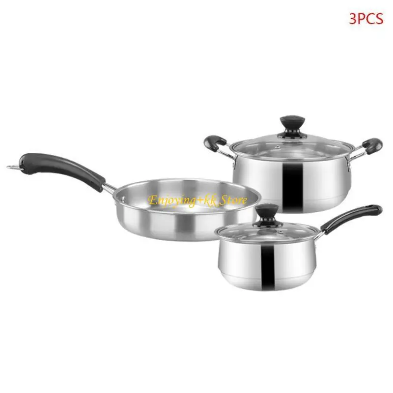 

Q1JB 3pcs/set Stainless Steel Cookware Set Flat Bottom Frying Pan Soup Pot Milk Pot Induction Cooker Cooking Pan for Home