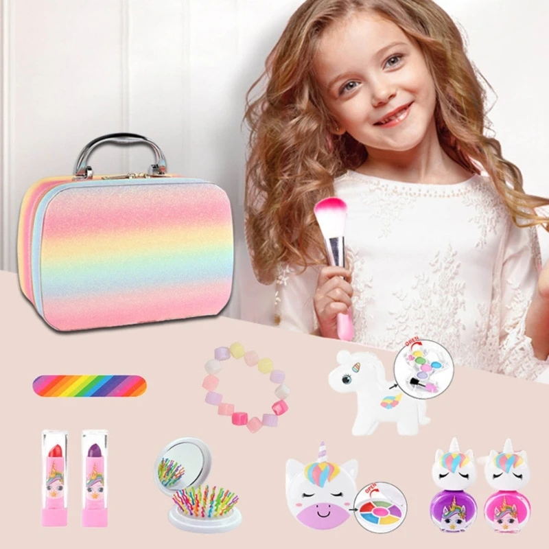 Princesses Girls Real Makeup Kit Washable Safe Nontoxic Cosmetic and Tool Set Kid Toys Girls Pretend Play Birthday Gifts