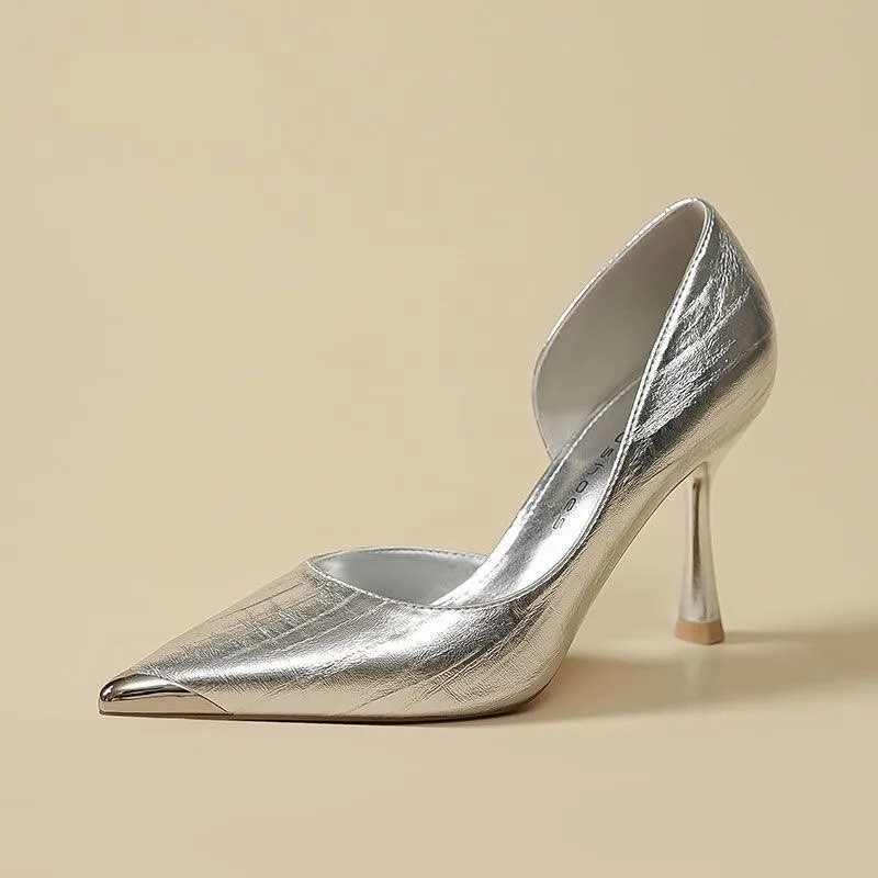 High Heels Women 2026 New Metal Pointed Toe Shallow Mouth Slim Heel Side Empty Single Shoes