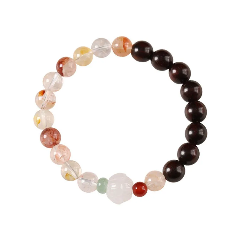 8mm Golden Sandalwood or Rosewood Bracelet with Cherry Quartz and White Jade Lotus Charms New Chinese Style Jewelry Gifts