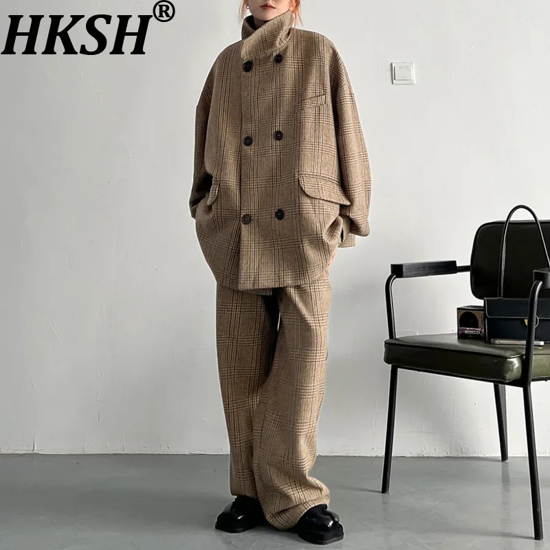 

HKSH осенний новый женский плащ с воротником-стойкой, двубортный клетчатый шерстяной пиджак большого размера, повседневные широкие брюки HK13964