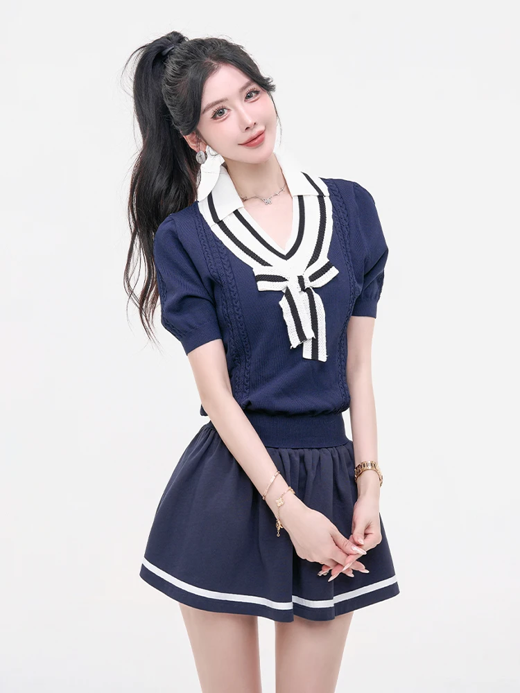 

Sweet Waist Cinched V-Neck Short Sleeve Knitwear Women's Knot Early Autumn New Style College Wind Ladies Top