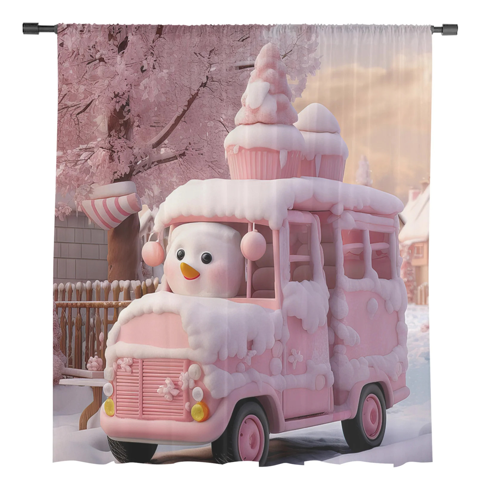 Christmas Snowman Snow Scene Car Sheer Curtains Christmas Home Decorations Window Tulle Curtains for Living Room Bedroom