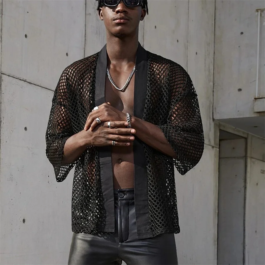 

202 New Men's Mesh Tops Summer Hollow Out Shirt Black Cardigan Shawl Hip Hop Streetwear Men's Fashion Performance Wear Garment