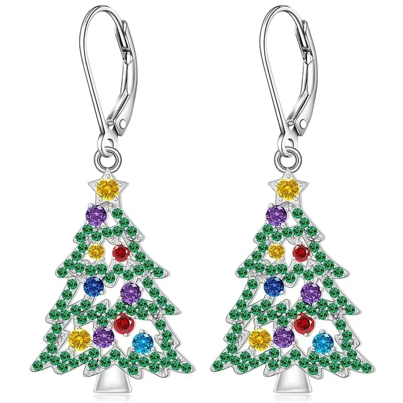 Huitan Exquisite Christmas Tree Drop Earrings for Women Silver Color with Shining Colorful CZ Gorgeous Festival Gentle Jewelry