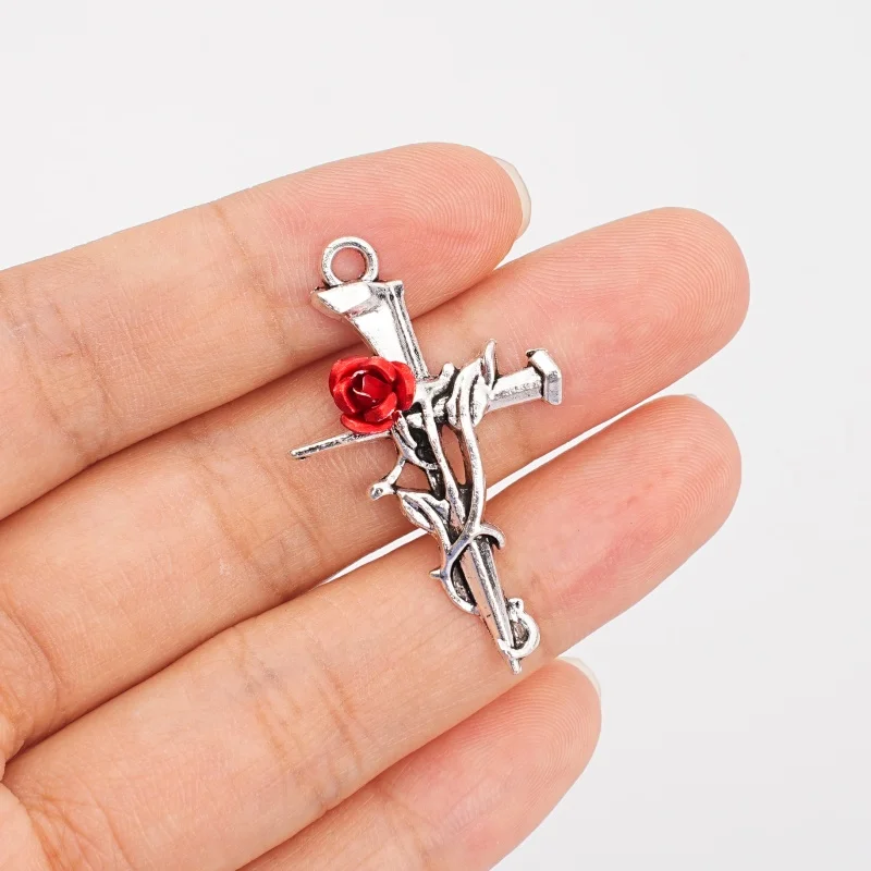 5Pcs Gothic Antique Silver Rose Cross Charm Red Flower Thorn Cross Pendant Metal DIY Jewelry Making Accessories