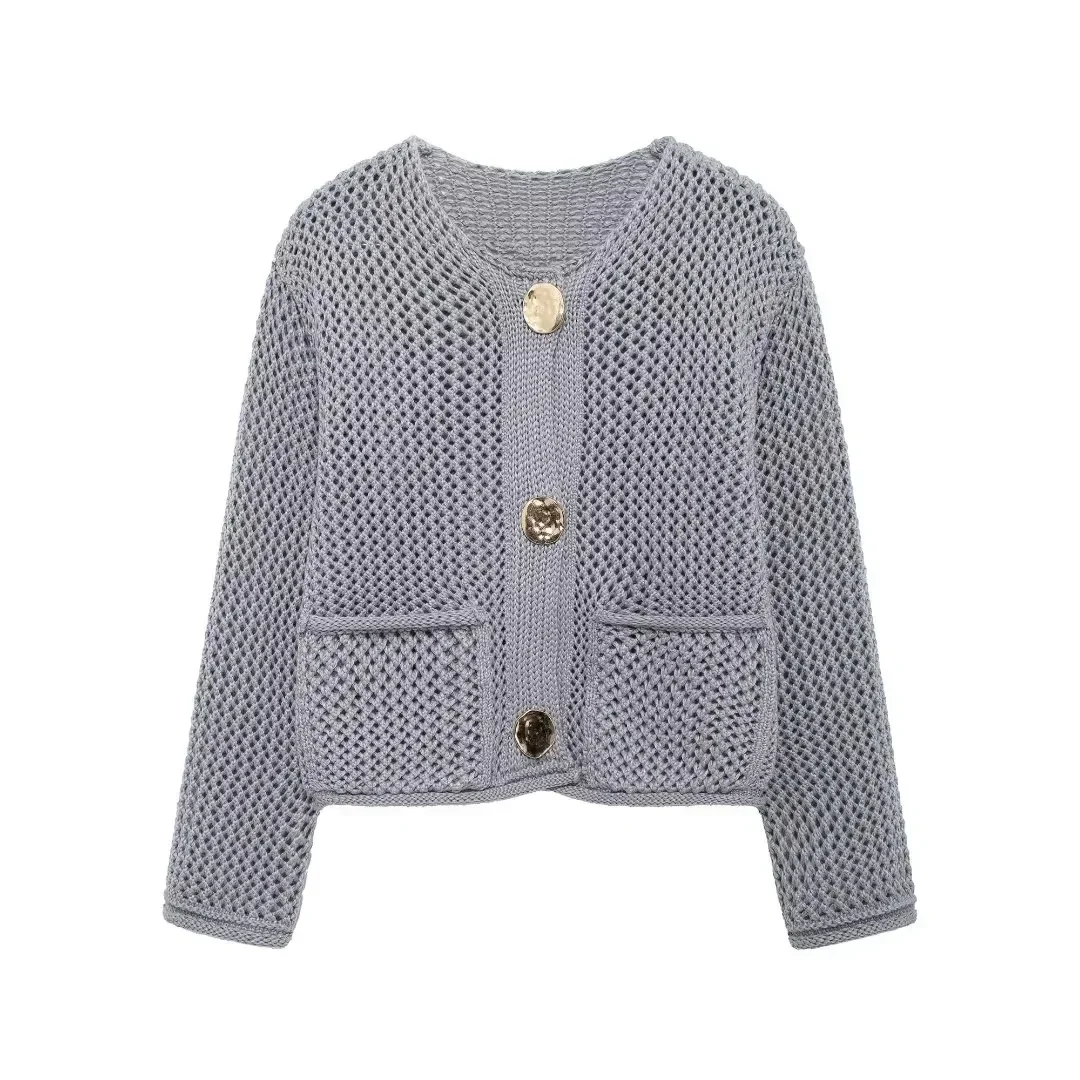 New Fashion Women Solid Big Pockets Patch Buttons Long Sleeve Coarse Needle Knitted Sweater Cardigan Female Chic Cardigan Tops