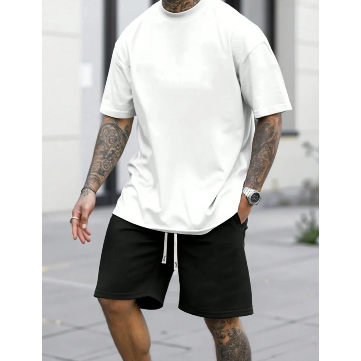 طقم تي شيرت رجالي كاجوال برقبة دائرية، طقم تي شيرت صيفي أنيق من مزيج القطن بأكمام قصيرة للاستخدام اليومي