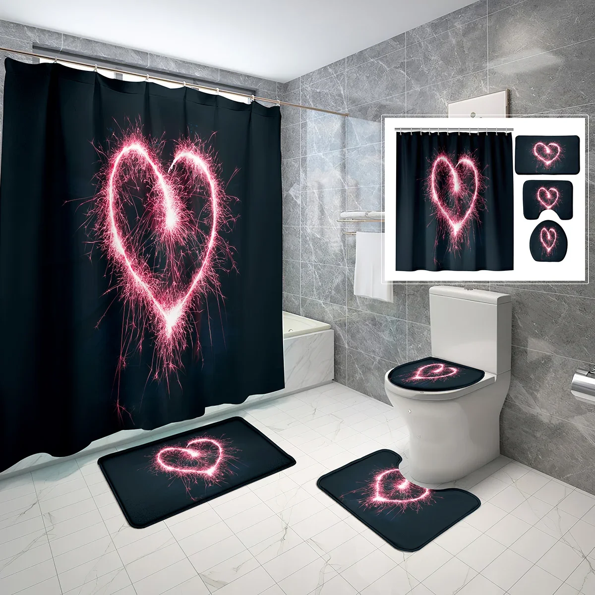 Flame for Love Shower Curtain Sets,Romantic Heart Pink Sparks 4 Pcs Waterproof Bath Curtain,Non-Slip Bath Mat Toilet Cover Set