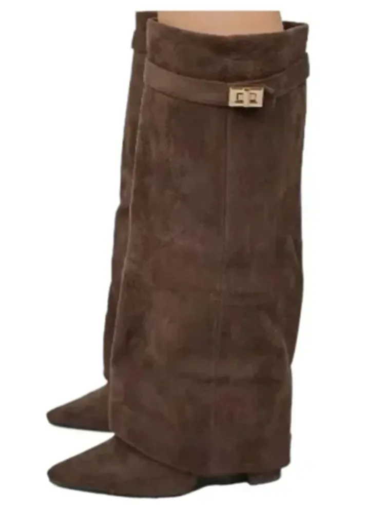 Ladies\' Autumn and Winter New Pointed Knee High Women\'s Boots, Thick High-heeled Long Pants Boots, Fashionable Mid Rise Boots