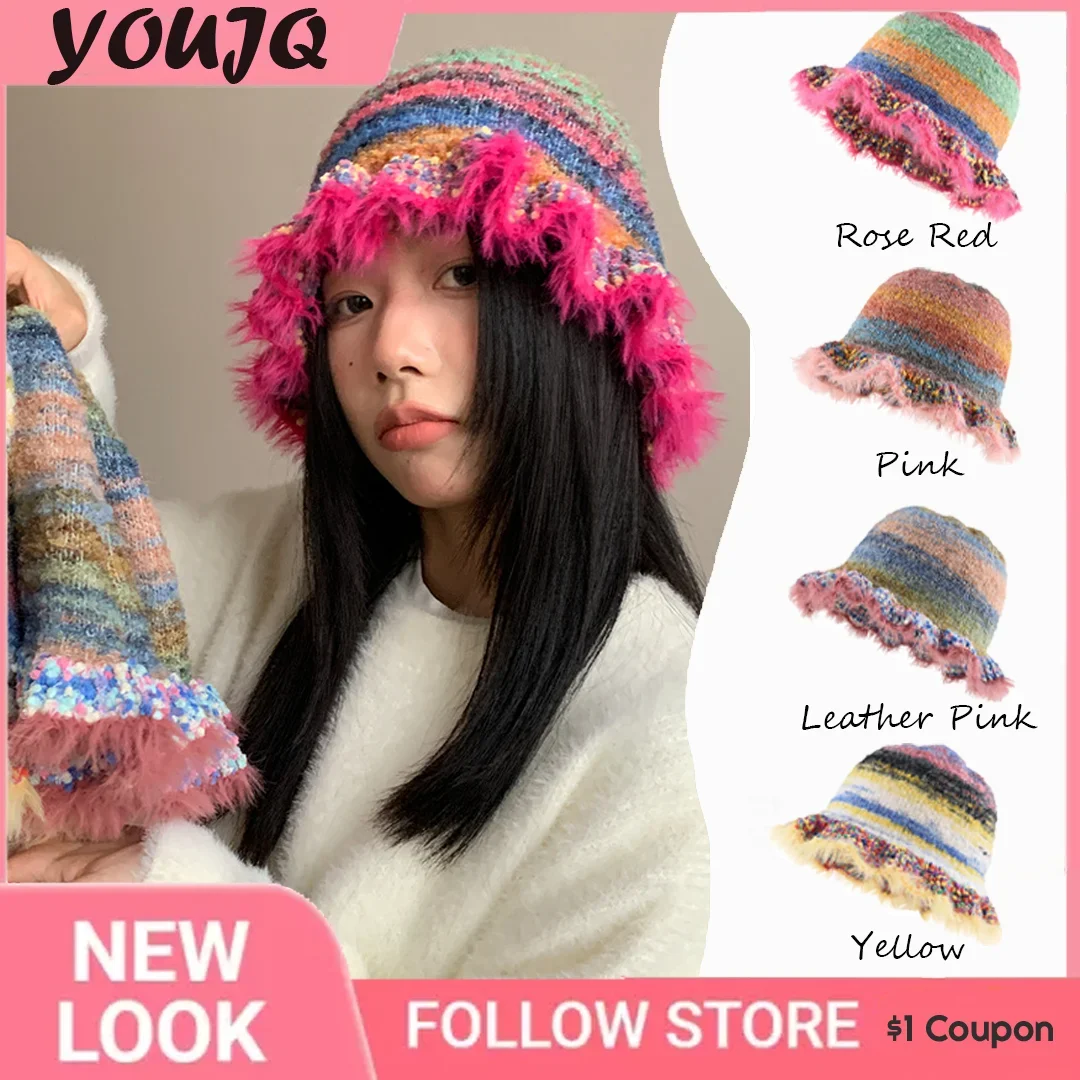 

Fashionable Rainbow Striped Bucket Hat for Women Knitted Wind-Proof Cap