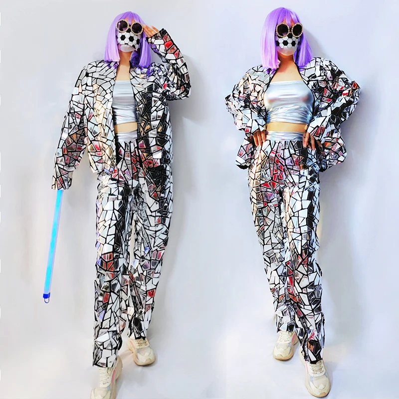 Silver Morrir Stage Costume Adult Jazz Hip Hop Dance Outfit Nightclub Party Gogo Dancer Clubwear Women Oversize Coat Pants