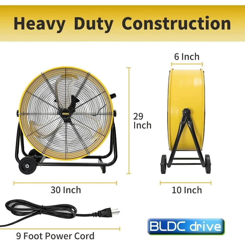 HiCFM 8800 CFM 24 inch BLDC Drive Drum Fan with High Efficiency EC Motor, Variable Speed Control, Friendly Noise Operation