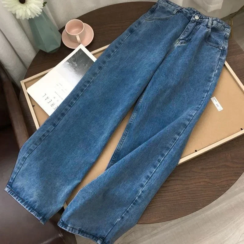 Jean taille haute en denim pour femme, pantalon large, style streetwear, à la mode