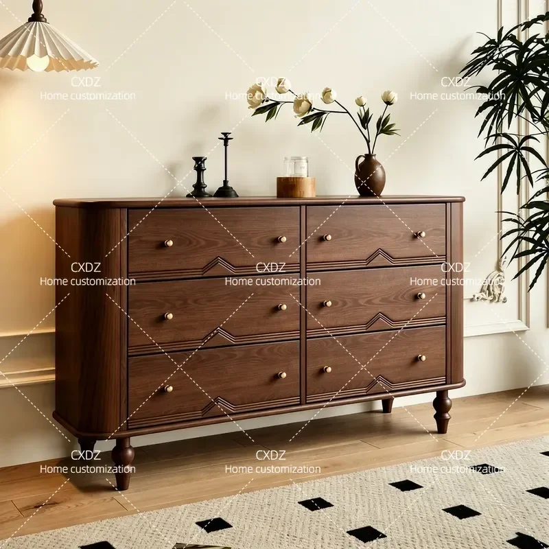 French Medieval Solid Wood Six Drawer Cabinet Small Apartment Household Storage Retro Living Room Organizer Furniture