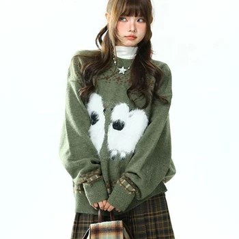 Women Cozy Sheep Sweater Cute Fluffy Animal Pattern Green Knit Pullover Oversized Long Sleeve O Neck Autumn Winter Top 6