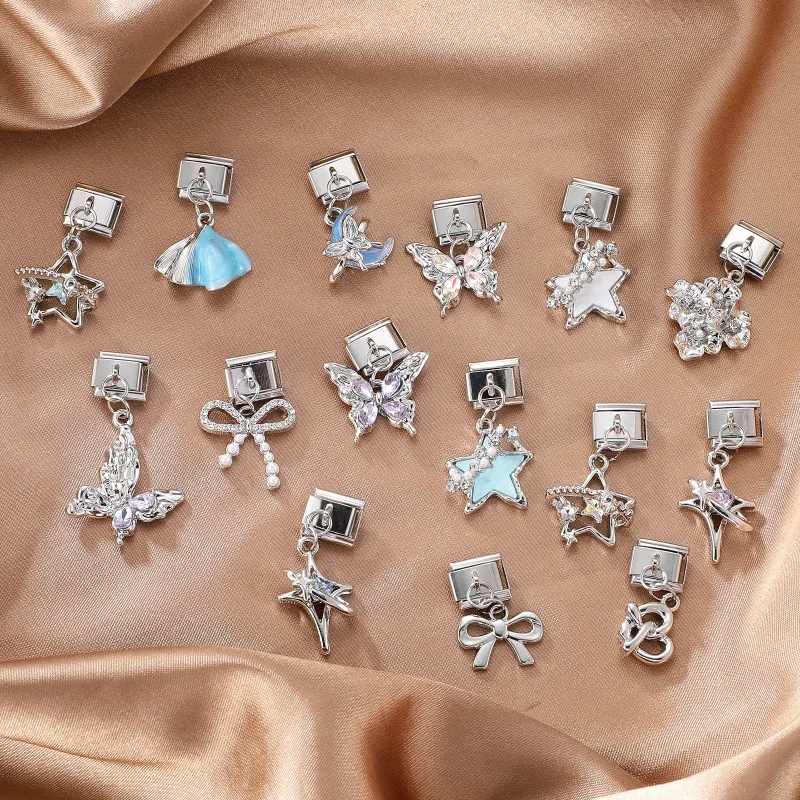 Personalized Cute Bow Butterfly Moon Star Pendant Italian Charm Links Fit 9mm Bracelet Stainless Steel Women DIY Making Jewelry